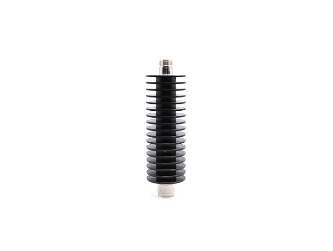 img 1 of 20 dB 固定衰减器，N 型公头对 N 型母头，黑色阳极氧化铝散热片外壳，额定功率 100 瓦，最高频率 6 GHz